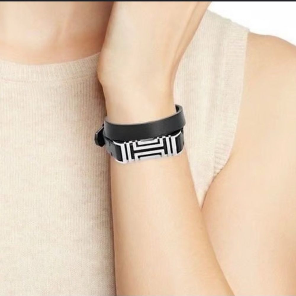 Tory Burch Fitbit Fret Double-Wrap Bracelet Band Silver Tone Leather NWT